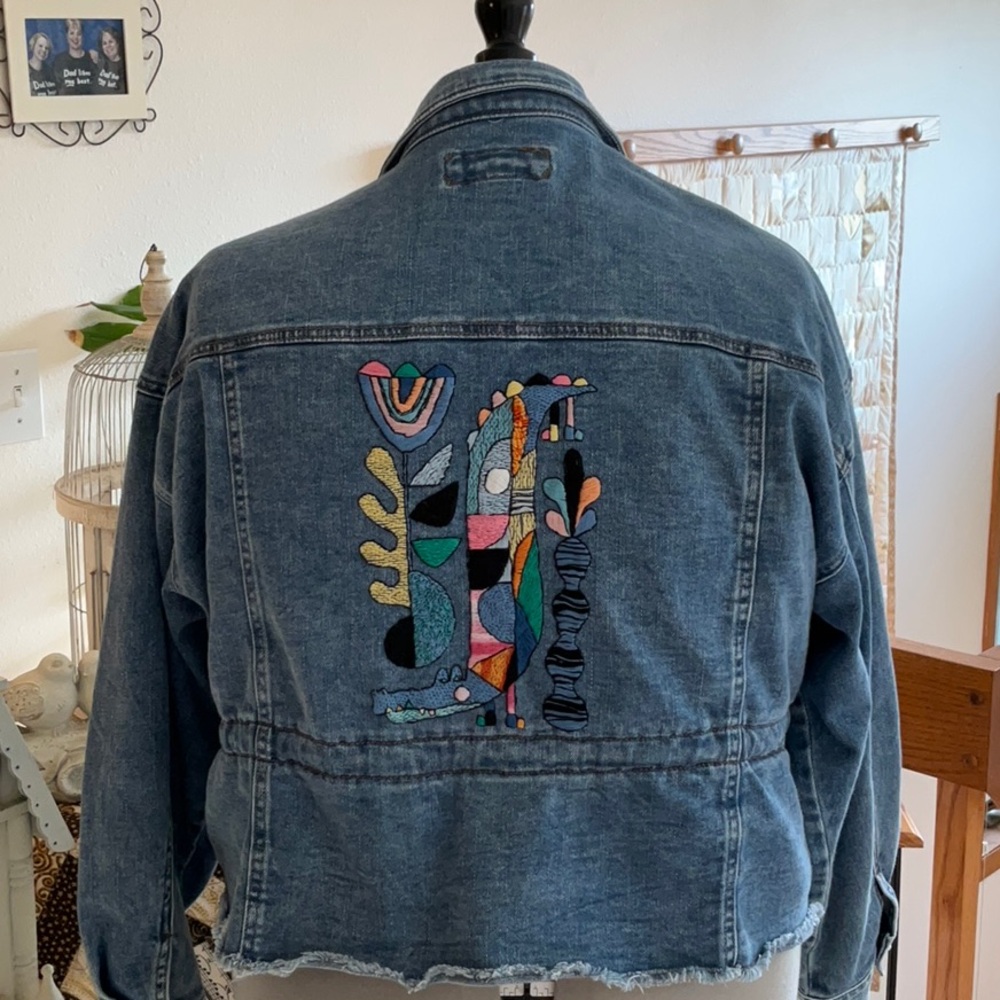 Hand Embroidered Blue Jean Jacket with Colorful Abstract Design